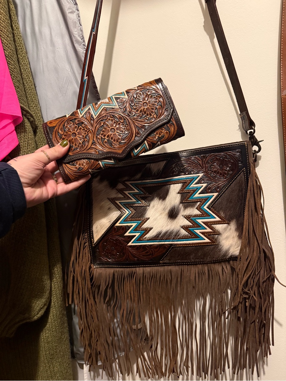 Hand-Tooled Brown Leather Fringe Crossbody with Turquoise Accent